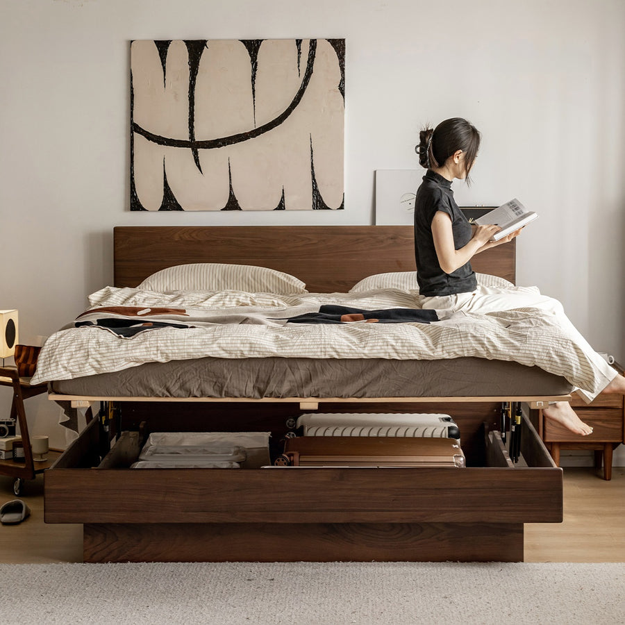Walnut wood box bed with large storage capacity