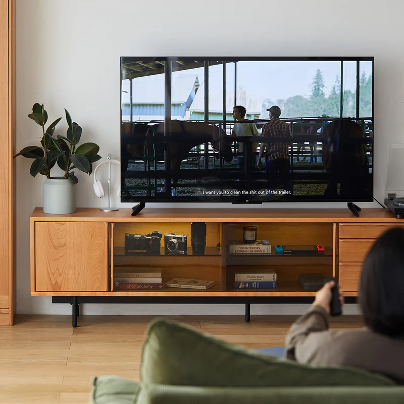 Cherry wood wooden TV cabinet with glass door
