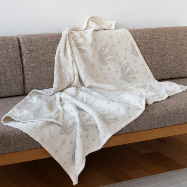 Linen &amp; Sherpa Cotton Half Blanket 140 x 90cm Birds in the Snow Natural