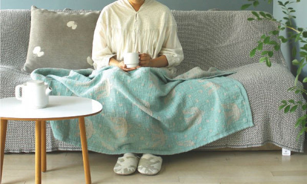 Linen &amp; Sherpa Cotton Half Blanket 140 x 90cm Birds in the Snow Light Blue