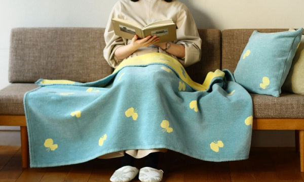 シュニールコットン ブランケット ハーフ CHOUCHO 140×90cm ブルー×イエロー