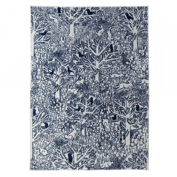 ウール シングルブランケット 130×180cm rabbits play birds rest ネイビー