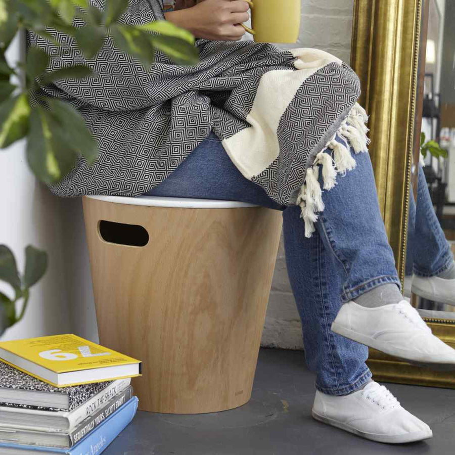 Woodrow Storage Stool, White, Natural