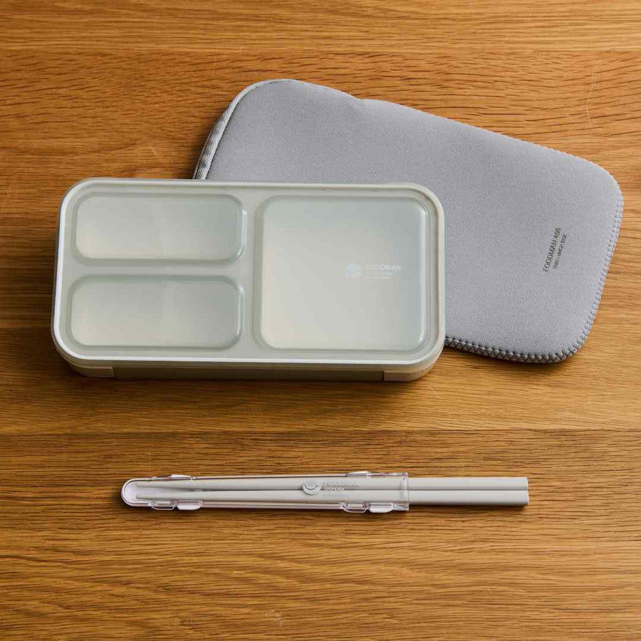 FOODMAN Antibacterial Slim Bento Box (400ml), Case, and Chopsticks (3-Piece Set) Light Gray