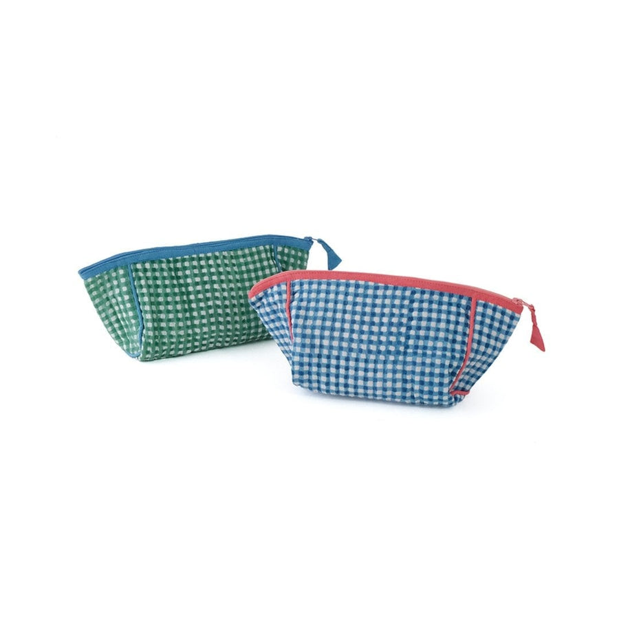 A block-printed gingham check pouch that makes it easy to see inside