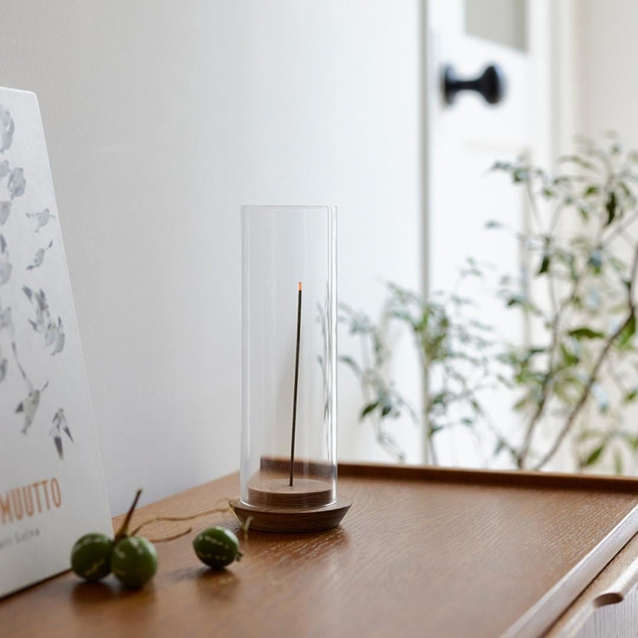 Acacia incense holder with glass cover to prevent ash from scattering