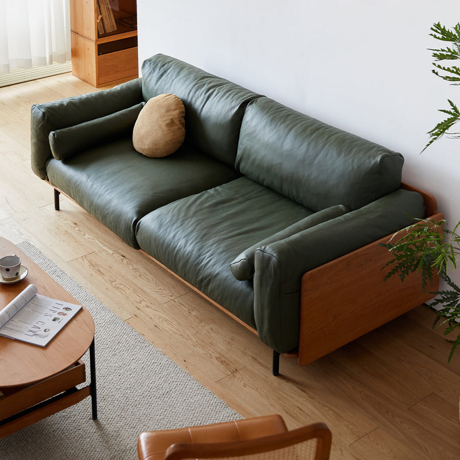Wood frame genuine leather green cushion sofa