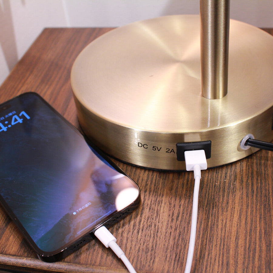 Modern sepia glass shade brass stand lamp with USB charging outlet