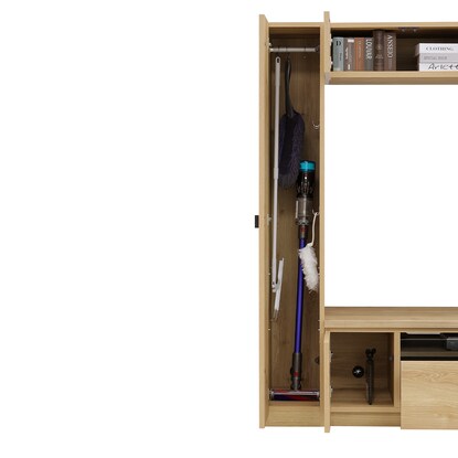 A TV stand that can also store a vacuum cleaner (NA)