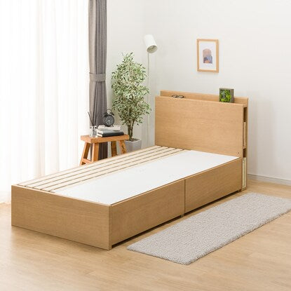 Single bed frame with shelf and side storage (NS-003 deep/slatted bed frame LBR)