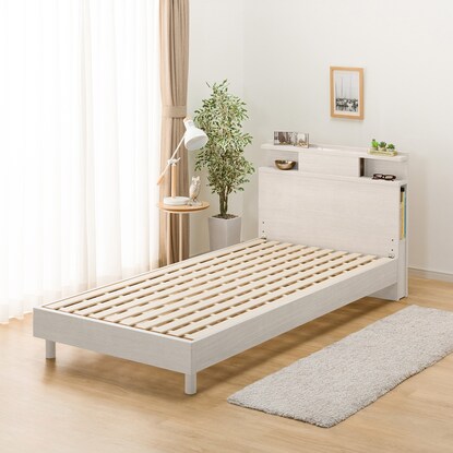 Single bed frame with shelf, lighting and side storage (NS-004 LEG/LOW slats WW)