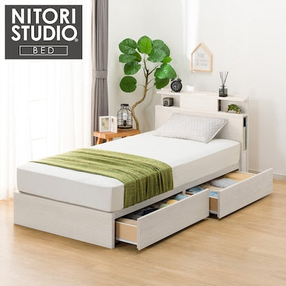 Single bed frame with shelf, lighting and side storage (NS-004 shallow type/baseboard WW)