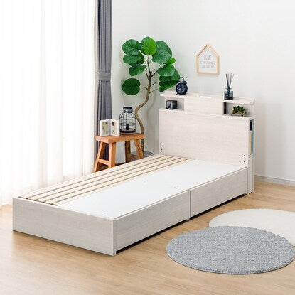 Single bed frame with shelf, lighting and side storage (NS-004 shallow type/slatted bed WW)