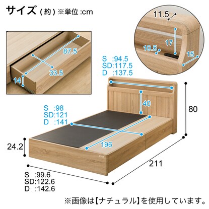 シングル アンティーク調 棚付きベッドフレーム（引き出し付き PEL Lキャビ LGY）