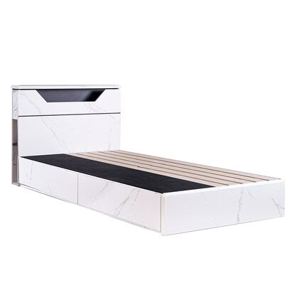 Chest bed frame with shelf and lighting (marble finish, S, WH)