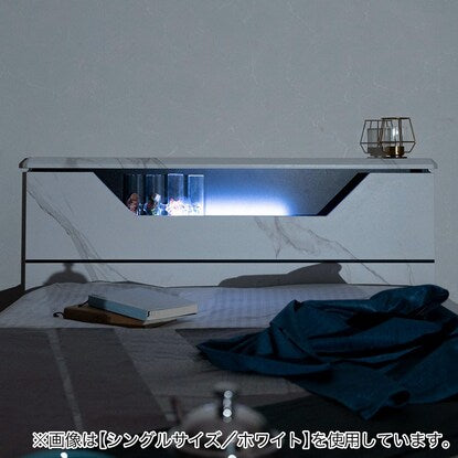 Chest bed frame with shelf and lighting (marble finish, S, WH)