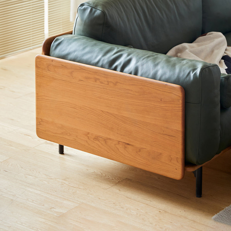Wood frame genuine leather green cushion sofa