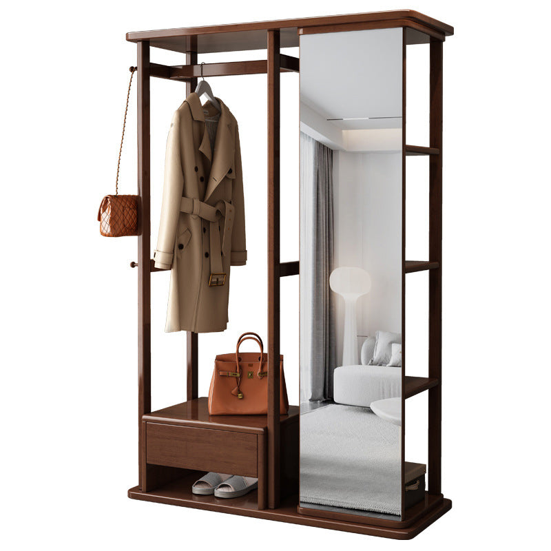 Wooden coat rack with full-length mirror