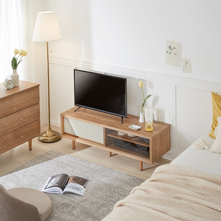 Wooden TV stand with glass doors and legs