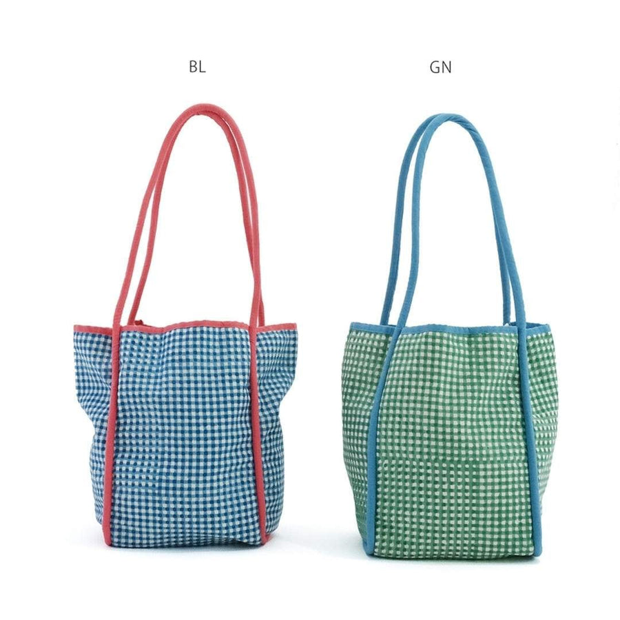 Block-printed gingham check bag with piping accents