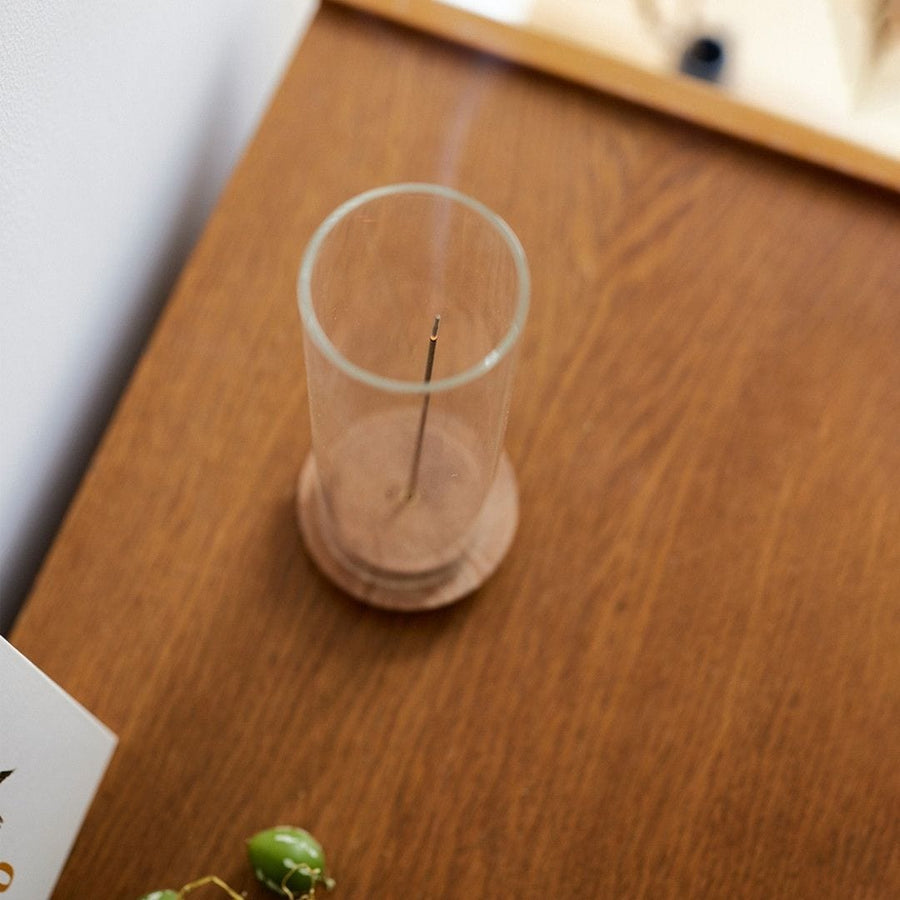 Acacia incense holder with glass cover to prevent ash from scattering