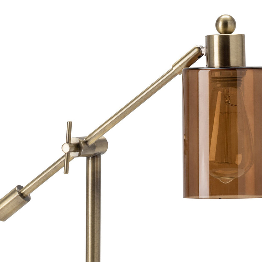 Modern sepia glass shade brass stand lamp with USB charging outlet