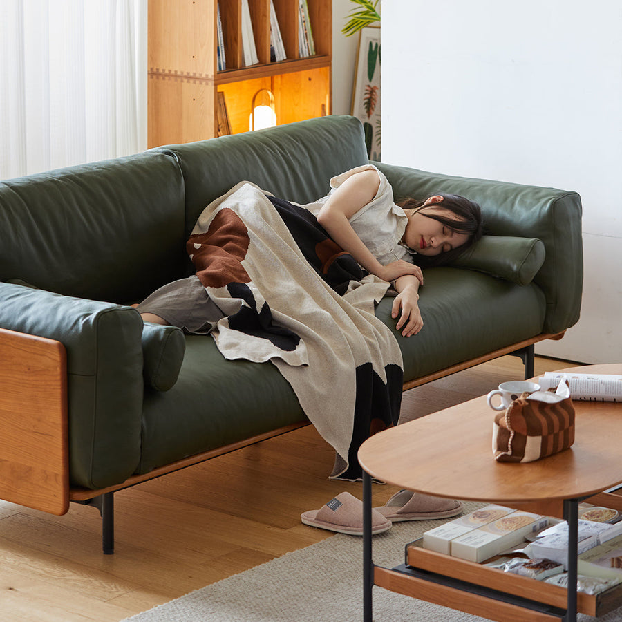 Wood frame genuine leather green cushion sofa
