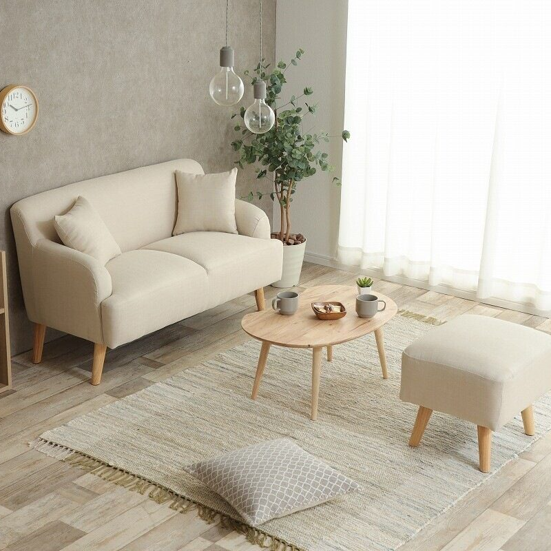 Nordic natural wood legs 2-seater fabric sofa with ottoman