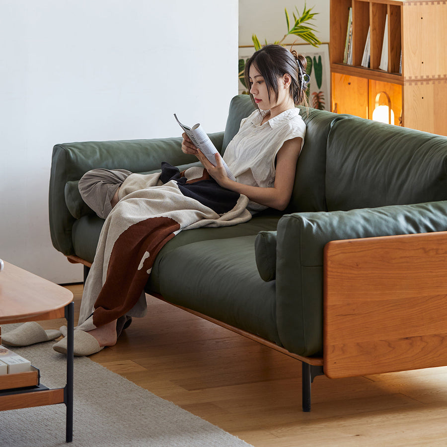 Wood frame genuine leather green cushion sofa