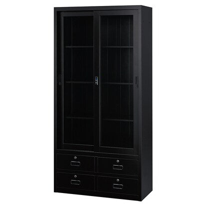 Steel bookcase (TSNS3-01N, upper glass sliding door, lower drawer, BK)