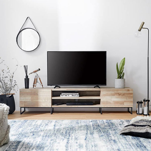 TV stand, solid wood look, 3D paper, steel legs, wood grain look