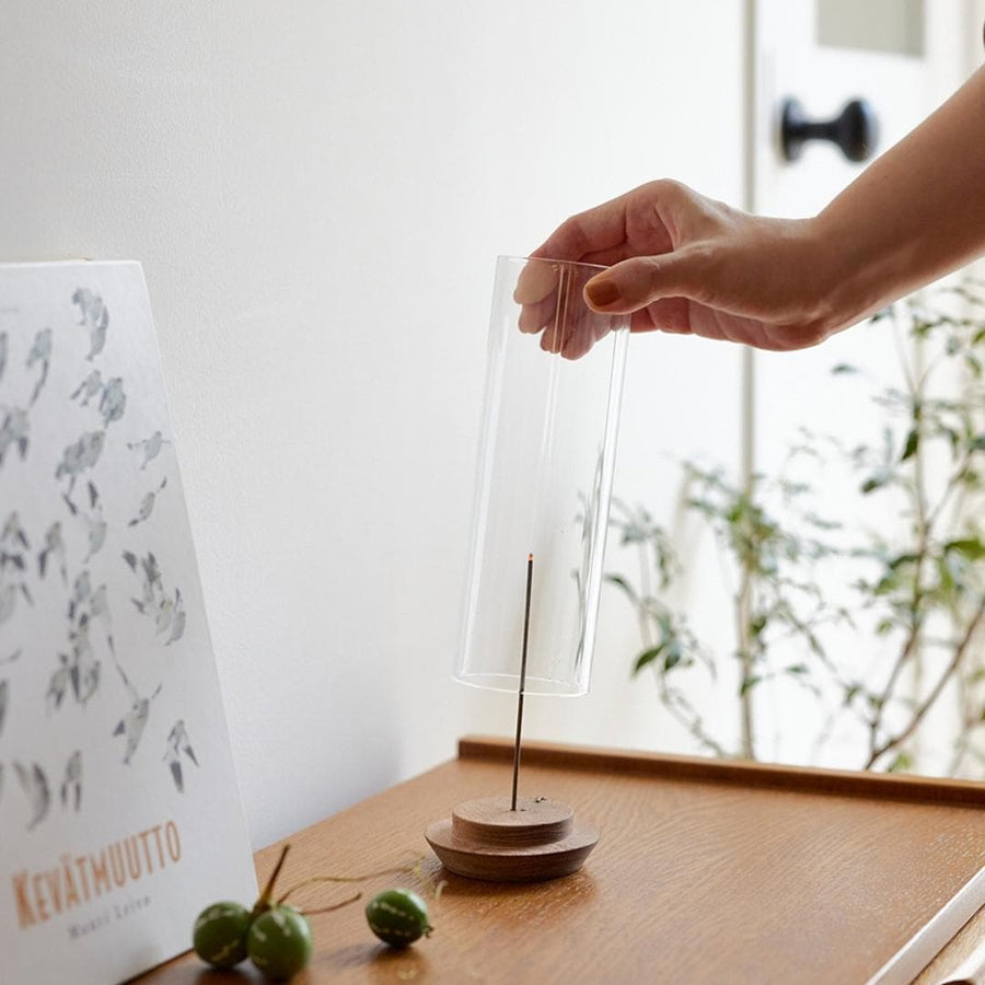 Acacia incense holder with glass cover to prevent ash from scattering