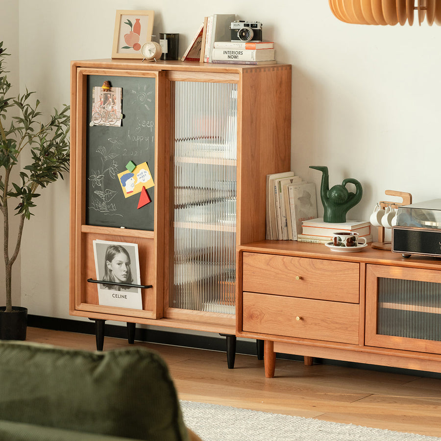 Cherry wood blackboard with molded glass door cabinet