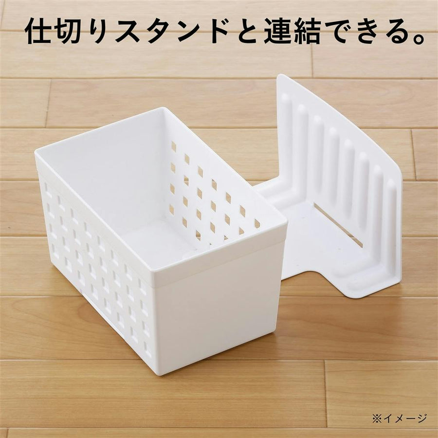 A storage box that can be connected to a partition stand