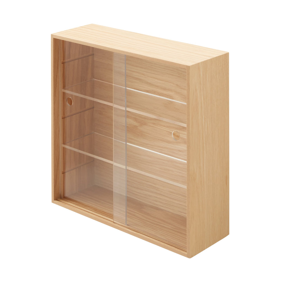 Wooden collection stand with sliding door