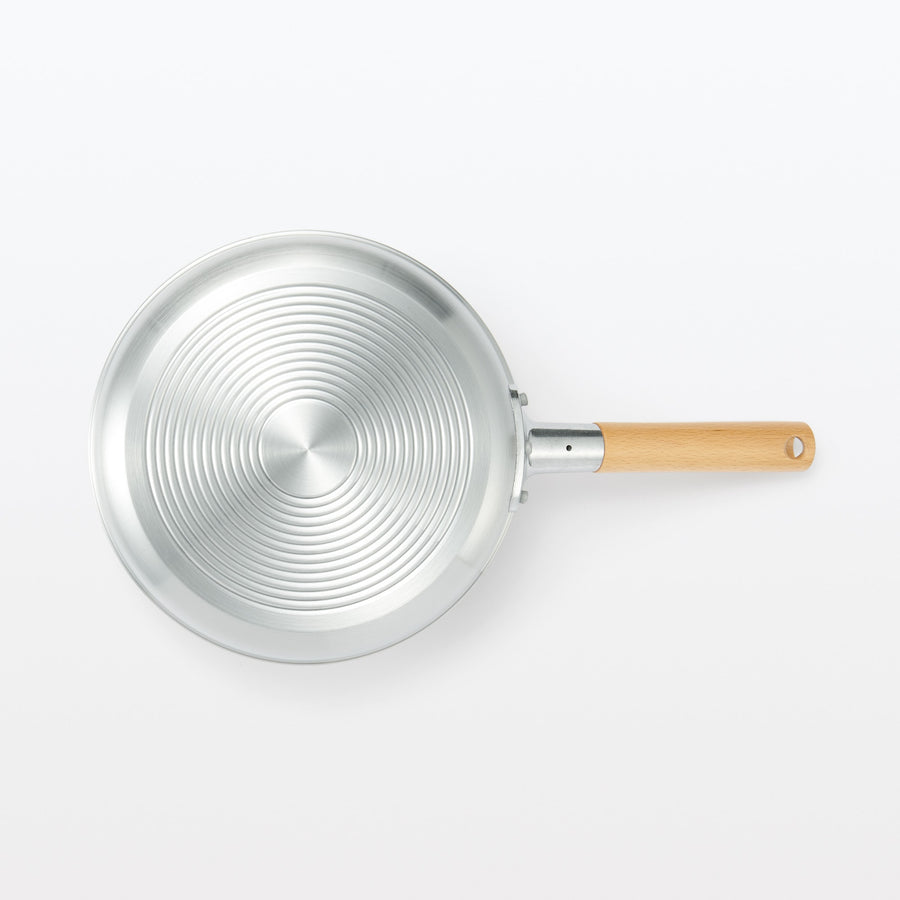 A shallow frying pan with a large cooking surface and low sticking properties