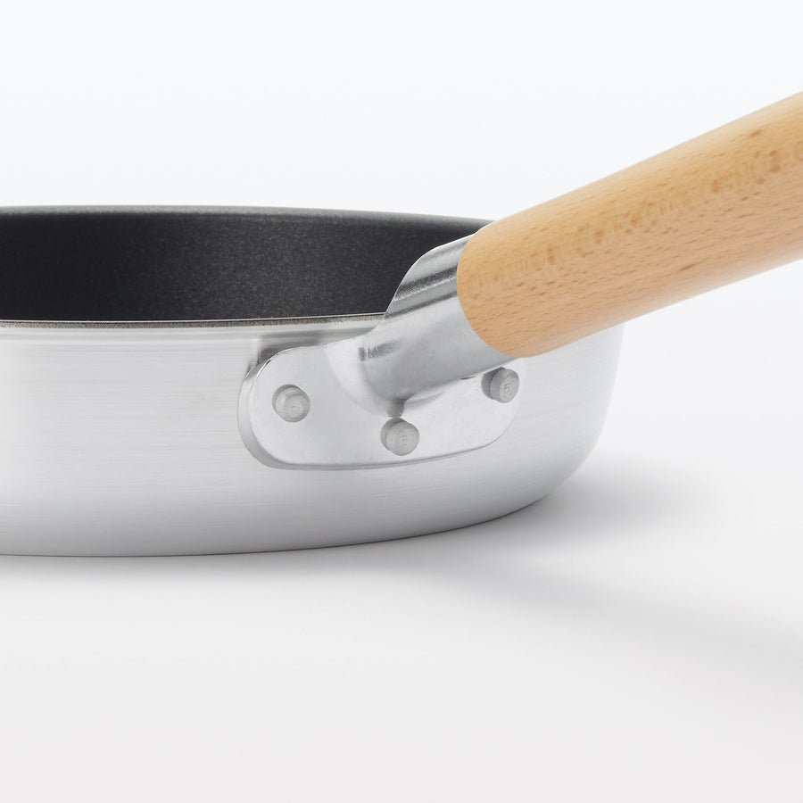 A shallow frying pan with a large cooking surface and low sticking properties