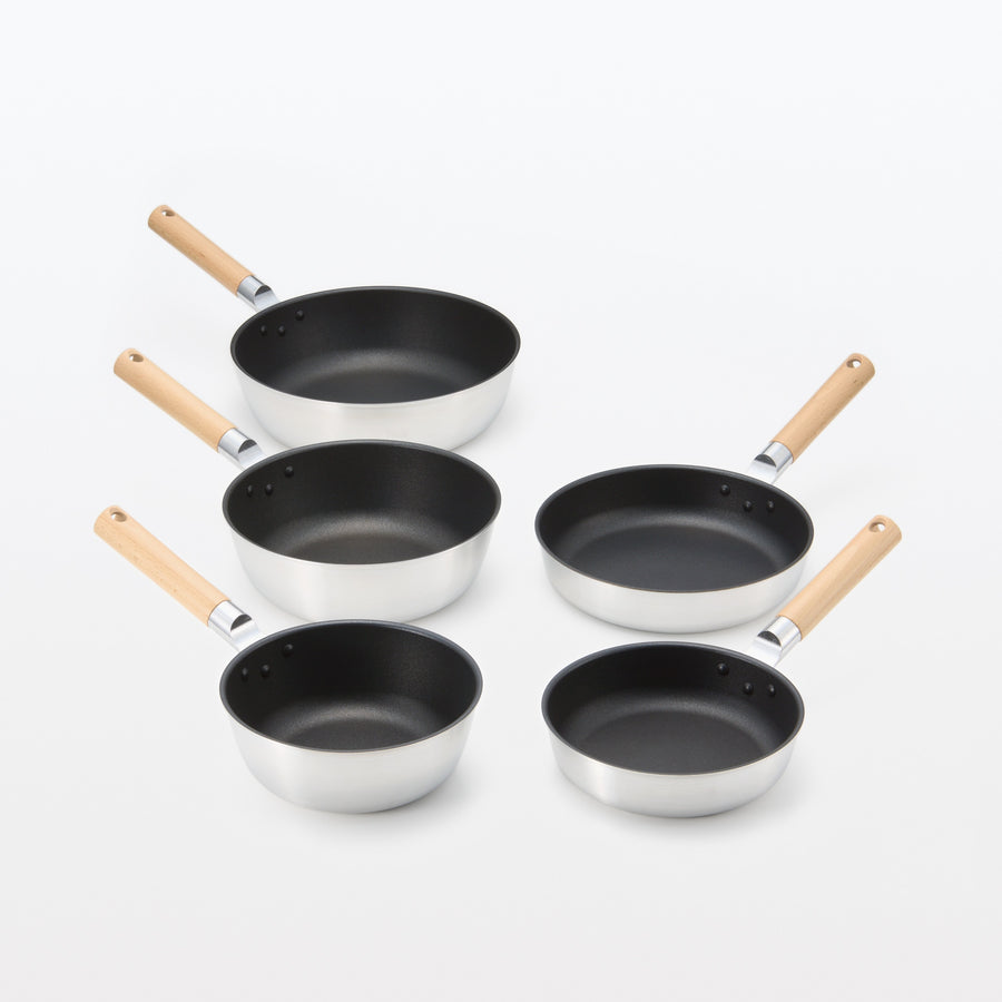A shallow frying pan with a large cooking surface and low sticking properties