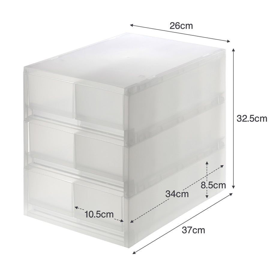 Polypropylene small item storage case with 2 drawers and 3 tiers