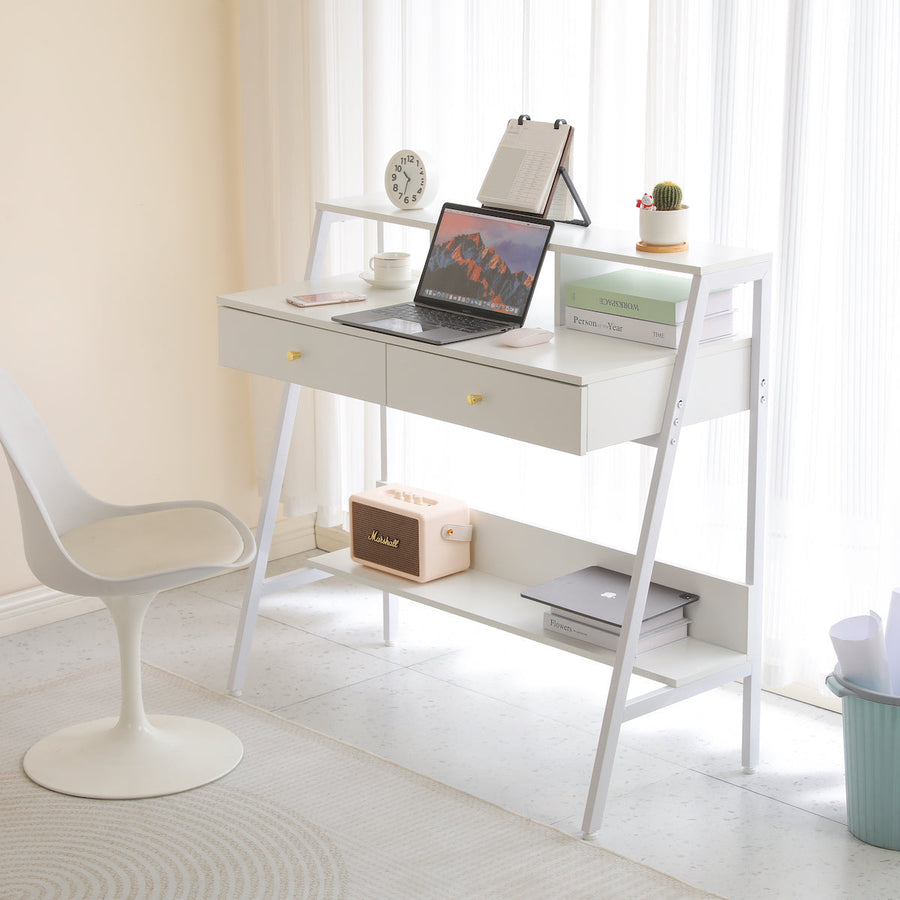 Work desk with wooden footrest