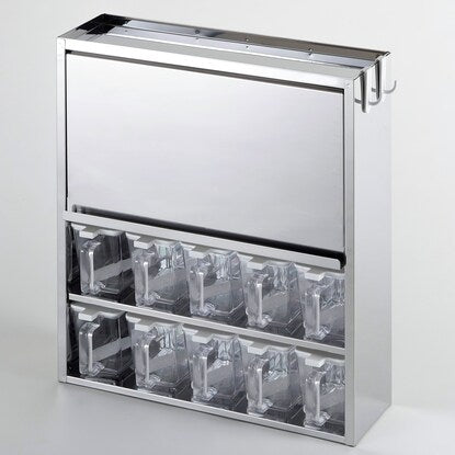 Stainless steel spice rack with 10 condiment pots