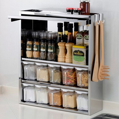 Stainless steel spice rack with 10 condiment pots