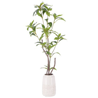 Fake greenery with a beautiful vertical silhouette (Osmanthus fragrans in a ceramic pot)