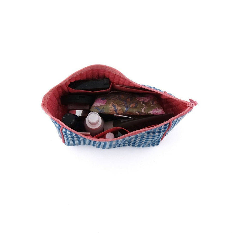 A block-printed gingham check pouch that makes it easy to see inside