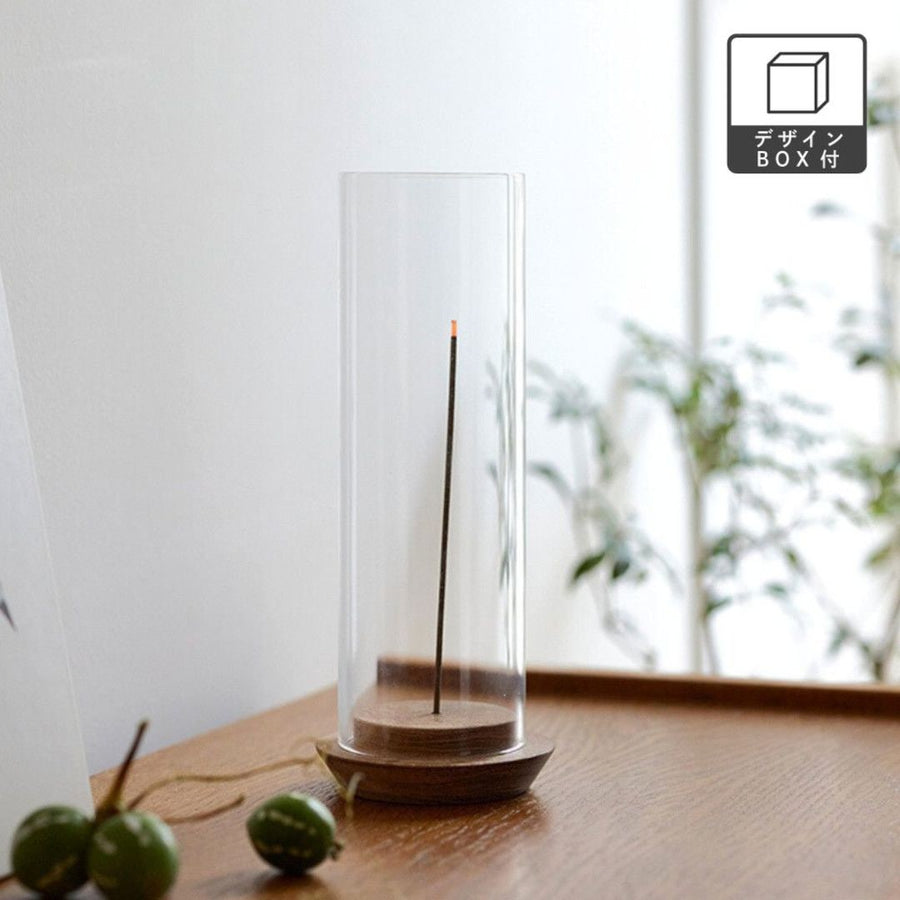 Acacia incense holder with glass cover to prevent ash from scattering