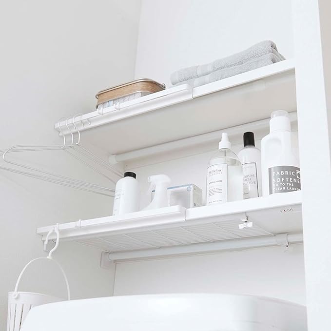 tower Expandable Shelf for Tension Rods, Large, White, Simple Shelf, Just Place on Tension Rod