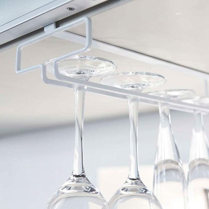 tower Under-Cabinet Wine Glass Hanger, White, No Drilling or Screwing Required, Kitchen Hanging Shelf