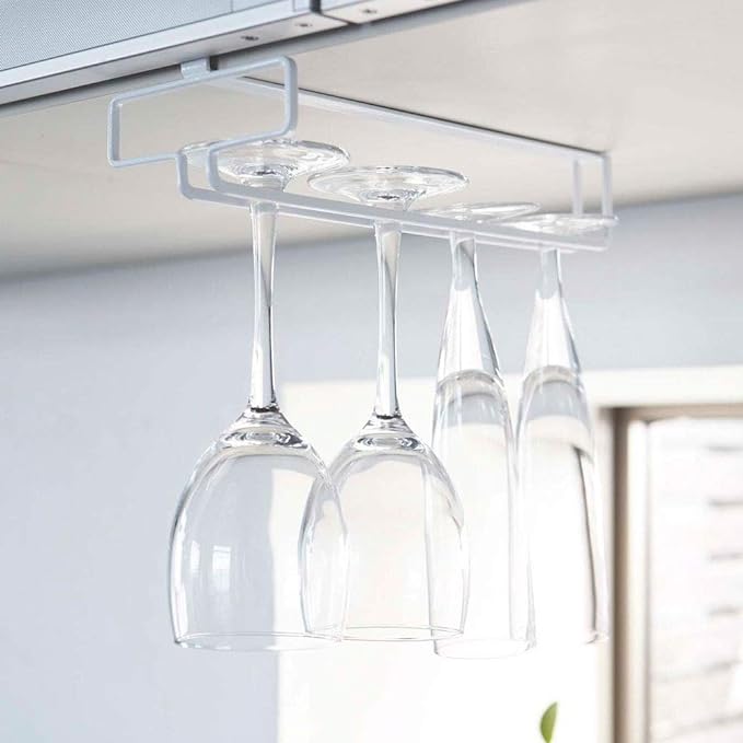 tower Under-Cabinet Wine Glass Hanger, White, No Drilling or Screwing Required, Kitchen Hanging Shelf