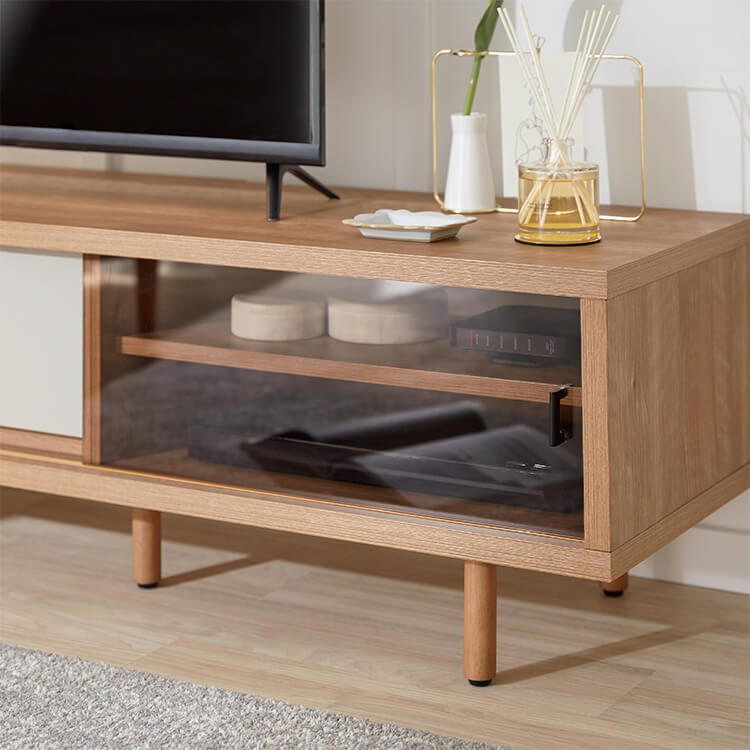 Wooden TV stand with glass doors and legs