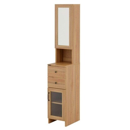 Wood-grained storage unit with mirror (light brown)